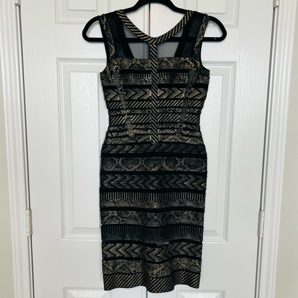 Herve Leger Mesh Bandage Dress Reptile Print Gold and Black